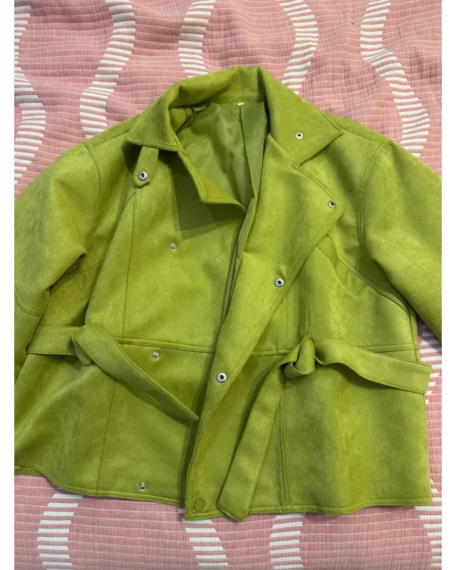 Original photo of a green belted jacket laid flat