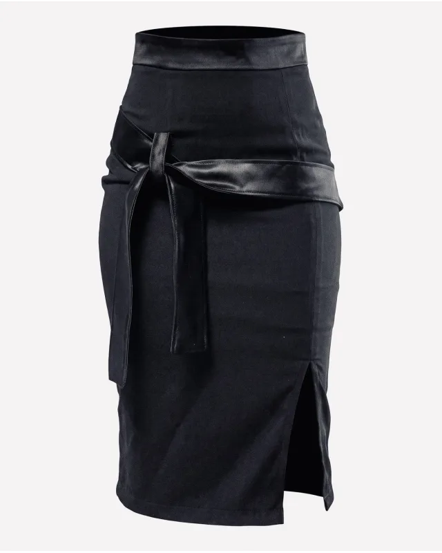 Original black skirt with a tied belt and side slit