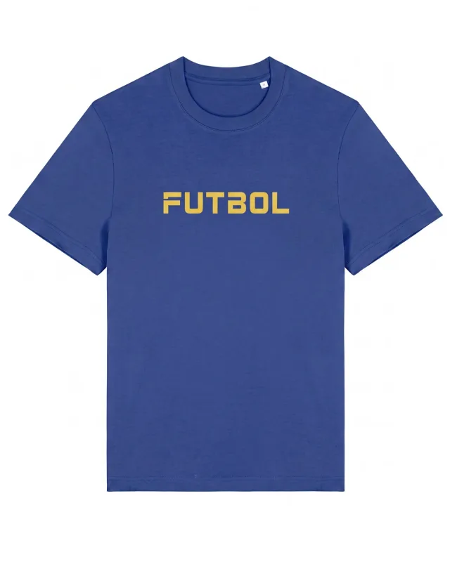 Original blue T-shirt with yellow FUTBOL lettering